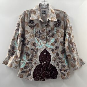 Pong Poco Women’s 3/4 Sleeve Embroidered Button Up Blouse Birds Size Large